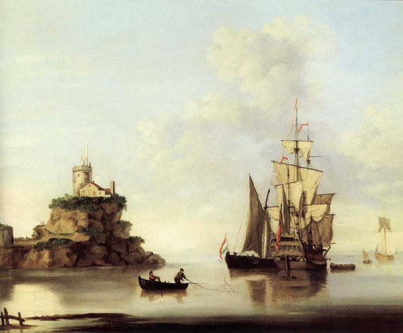 Francis Swaine An English two-deker and a Dutch barge at anchor off a coastal fort oil painting picture